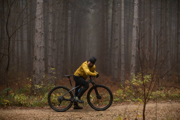 istock Young man taking a brake during biking through autumn forest 1293871436