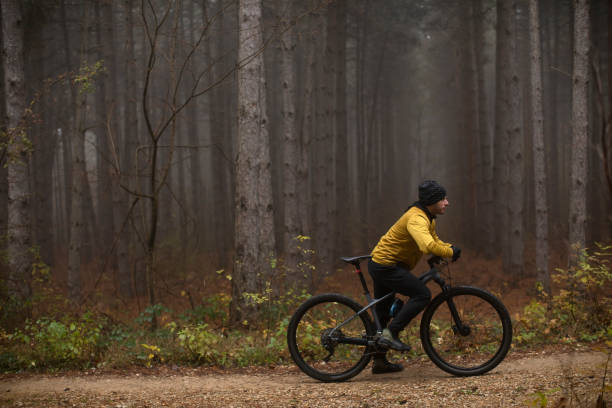 istock Young man taking a brake during biking through autumn forest 1293871459