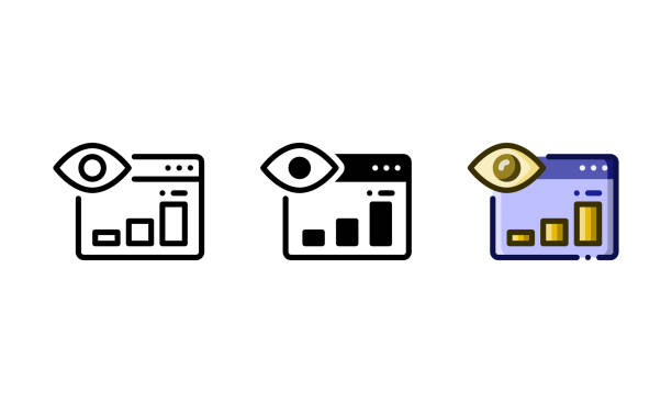 значок видимости веб-сайта, представленный представлениями и диаграммами - looking at view symbol looking through window computer icon stock illustrations