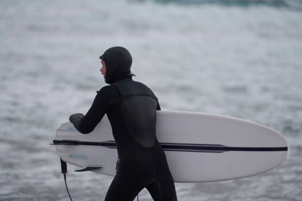 istock Arctic surfer going by beach after surfing 1293877958
