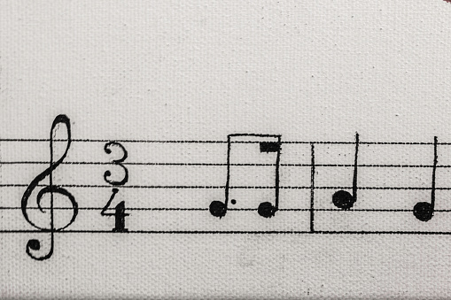 Black sheet music, a clef and music lines on white background