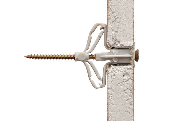 Grey plastic butterfly-type dowel fixed in pre-drilled hole in sheet of moisture-resistant drywall isolated on white background, including clipping path