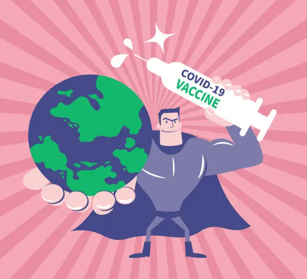 Vector illustration of Superhero (superman) holding planet earth and vaccine syringe protecting people fighting against coronavirus disease (COVID-19), creating 100 percent antibody on coronavirus