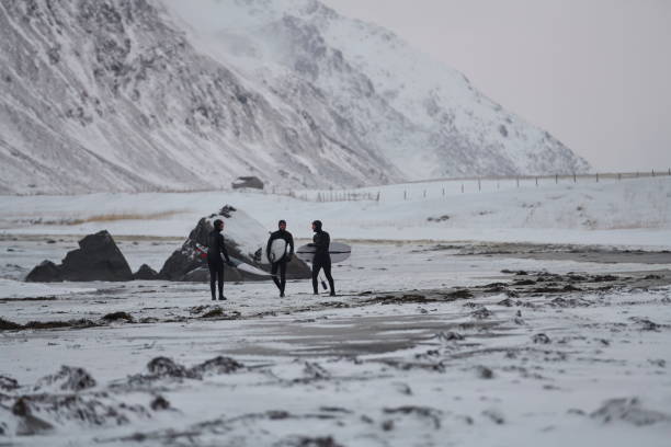 istock Arctic surfers going by beach after surfing 1293883756