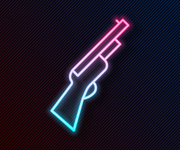 ilustrações de stock, clip art, desenhos animados e ícones de glowing neon line hunting gun icon isolated on black background. hunting shotgun. vector - rifle hunting shotgun gun