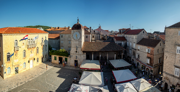 TROGIR -CROACIA AUG 14, 2019: Panoramic view of the main square of Trogir, Croatia