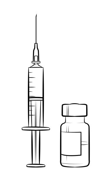 rysunek strzykawki ze szczepionką i butelką leku. - medium shot stock illustrations