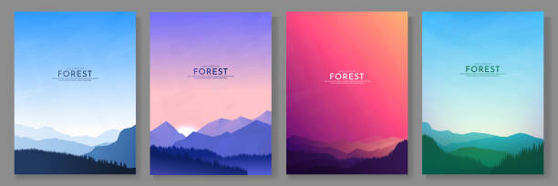 Vector illustration. A set of mountain landscapes. Geometric minimalist flat style. Sunrise, misty terrain with slopes, mountains near the forest. Design for poster, book cover, banner, flyer, card Vector illustration. A set of mountain landscapes. Geometric minimalist flat style. Sunrise, misty terrain with slopes, mountains near the forest. Design for poster, book cover, banner, flyer, card landscapes background stock illustrations