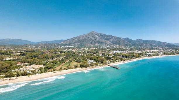 Panoramic aerial view of Casablanca  and Puente Romano beach Marbella Panoramic aerial view of Casablanca  and Puente Romano beach Marbella, Famous destination with luxury proprieties and restaurants. View of  wood bridge Puente Romano and mountain La Concha. costa del sol málaga province photos stock pictures, royalty-free photos & images