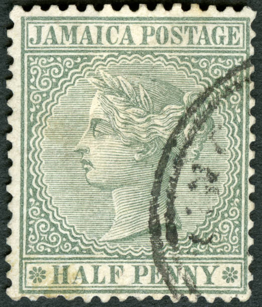 istock Postage stamp printed in Jamaica shows Half Penny in 1872 1293890142