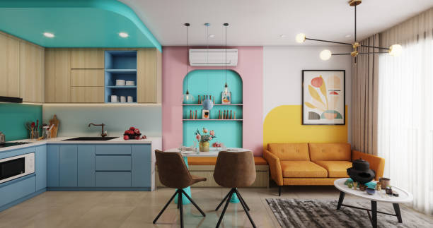 acogedor y moderno pequeño apartamento - colorido fotografías e imágenes de stock