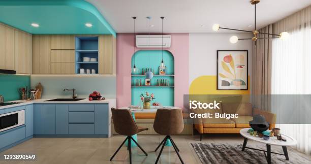 Cozy And Modern Small Apartment Stock Photo - Download Image Now - Multi Colored, Kitchen, Living Room