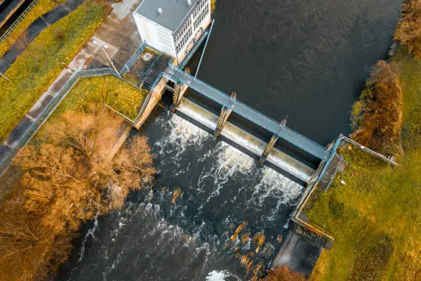 Aerial view of the water weir on the Mala Panew river, near Opole.
