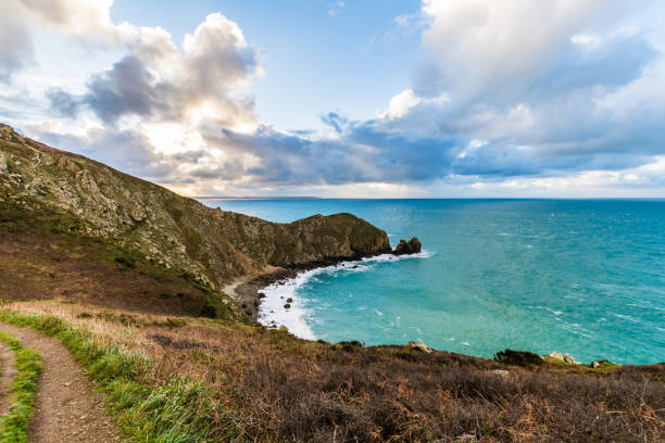 landschaft bei sonnenaufgang über dem nez de jobourg von den klippen am rande des kanals (normandie, frankreich) - cliff at the edge of grass sea stock-fotos und bilder