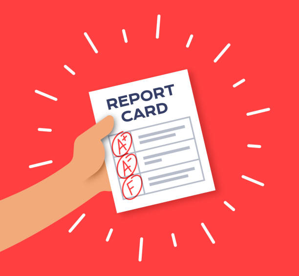 School Report Card with Grades Hand holding out school report card with grades for test scores or school grades. report card stock illustrations