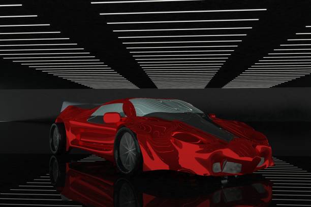 istock Red sports car in a dark garage 1293901588
