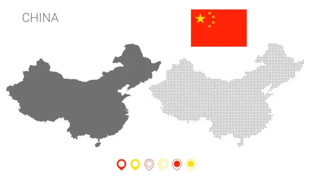 Vector illustration of Map of china dotted, china flag, china silhouette.