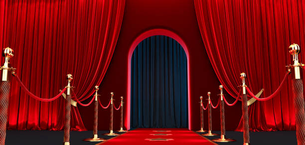istock 3d render of walkway arch, black hallway, Long tunnel with arches and red carpet withe golden barrier for product presentation 1293907034