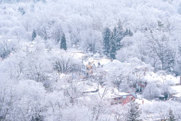 Winter cityscape with snow and frost on residential houses and trees