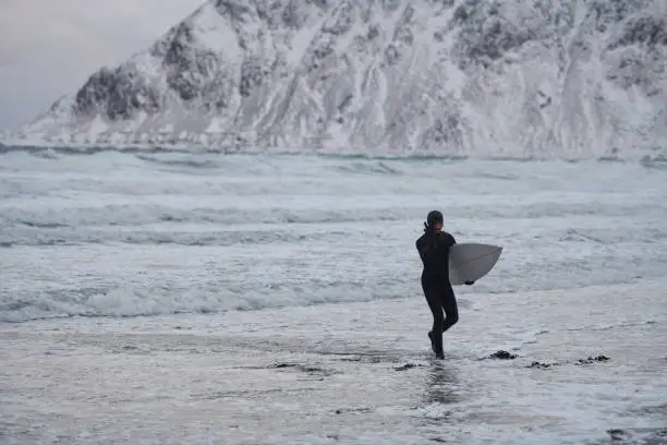 Photo of Arctic surfer going by beach after surfing