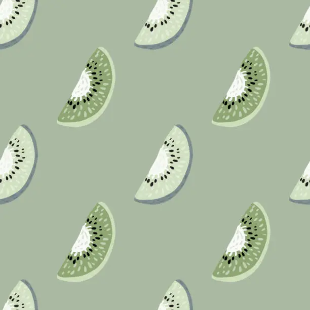 Vector illustration of Kiwi slices seamless doodle pattern. Simple design fruit artwork in pale green and bleu tones.