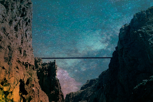 Nighttime view of the Royal Gorge Bridge in Colorado.