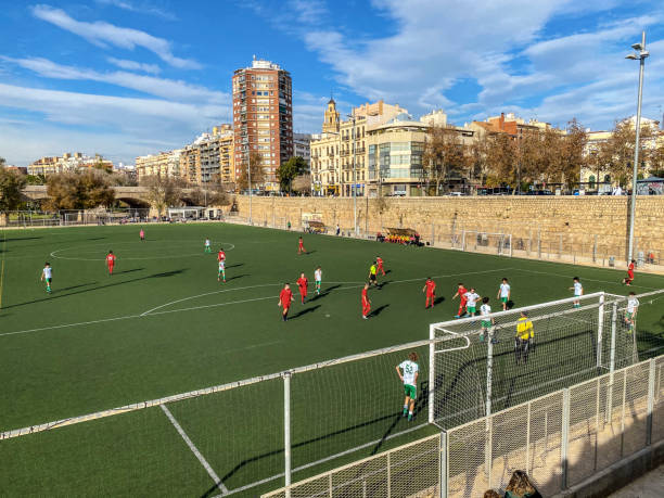 jeunes hommes jouant au football dans le jardin de turia, valence, espagne - green fence chainlink fence wall photos et images de collection