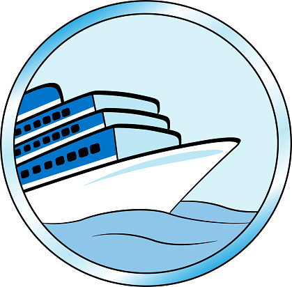 A vector illustration of a cruise ship within a circle in blue.