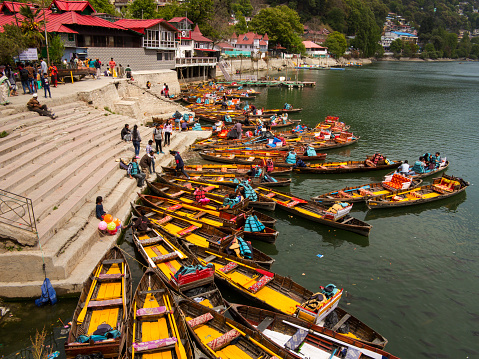 Tourists being ready for a boat ride at Nainital Lake, Nainital, Uttarakhand, India