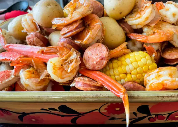 Steamed Shrimp, crab legs, sausage, potatoes, corn on the cob.