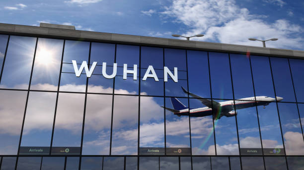 istock Airplane landing at Wuhan mirrored in terminal 1293929478