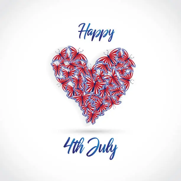 Vector illustration of USA flag butterflies in a heart happy 4th July day