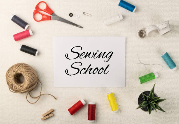 istock Sewing Sewing School Mockup with Accessories for Tailoring Flat Lay 1293931052