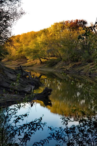 autumn river bend stock photo