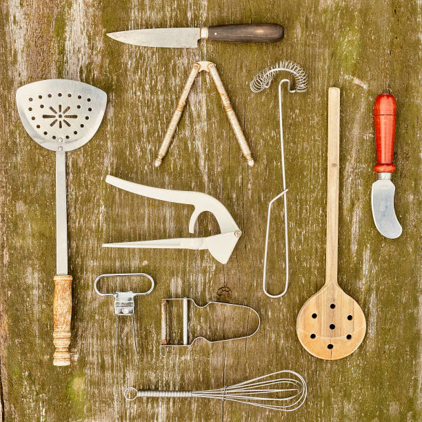 old kitchen implements 1 - wooden spoon built structure domestic room domestic kitchen - fotografias e filmes do acervo