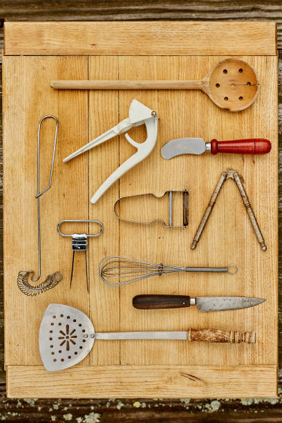 old kitchen implements 4 - wooden spoon built structure domestic room domestic kitchen - fotografias e filmes do acervo