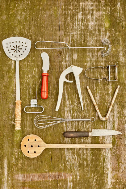 old kitchen implements 2 - wooden spoon built structure domestic room domestic kitchen - fotografias e filmes do acervo