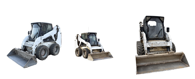 Set from Skid steer loaders isolated on white background. Loader on isolation. Compact construction equipment for work in limited conditions. Road repair at construction site and works on city streets
