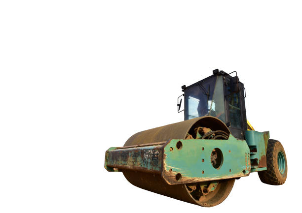 istock Soil Compactor isolated on white background. Vibration single-cylinder road roller leveling the ground 1293937755
