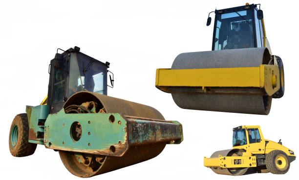 istock Soil Compactor isolated on white background. Vibration single-cylinder road roller leveling the ground 1293938381