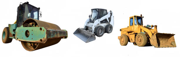 istock Set of construction equipment for road works: Soil Compactor, Wheel loader ad Skid steer loader. 1293938406
