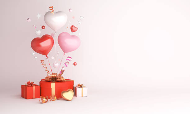 istock Happy valentines day decoration with heart shape gift box, balloon with copy space, 3D rendering illustration 1293942505