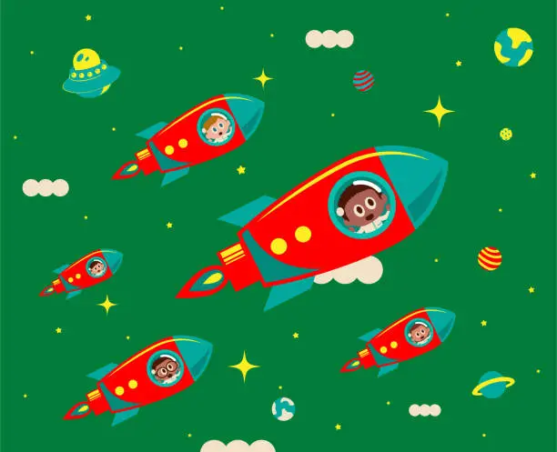 Vector illustration of Competition in outer space, the space race is going at full speed, the multi-ethnic group on a rocket (spaceship, space shuttle) flying in the sky