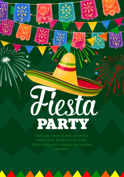 Fiesta mexican party celebration vector poster Fiesta party vector poster, mexican symbols sombrero and colorful flag garlands with fireworks on green background with traditional zigzag pattern. Cinco de Mayo fiesta party celebration cartoon card cinco de mayo stock illustrations