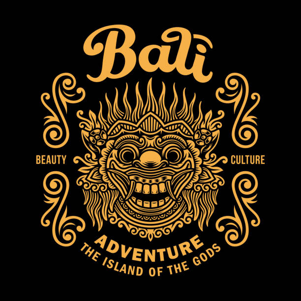 tradycyjna balijska maska wektorowa ilustracja na czarnym, tradycyjnej balijskiej masce graficzna t-shirt - kultura balijska obrazy stock illustrations