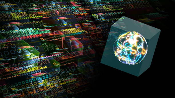 istock Quantum computer in the cube futuristic technology digital orange green yellow tone 1293963381