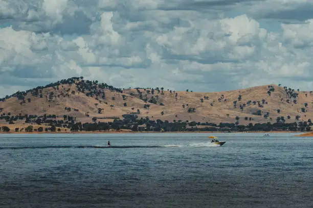 Photo of Wakeboarding on Lake Hume with beautiful mountain views in the background. Taken near Ebden, Victoria, near Albury and Wodonga.
