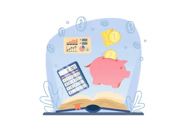 Vector illustration of Financial Literacy Webinar Concept. open book with piggy bank, calculator and graph. saving money. can be used for landing pages, web, user interface, banners, templates, backgrounds, flayer.