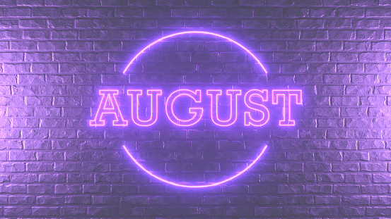 3D Rendering Brick Wall with August Sign, Neon lighting.