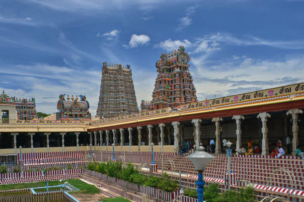 Golden lotus tank and gopurams Meenakshi Amman Temple is a historic hindu temple located in Madurai city in Tamil Nadu stock photo